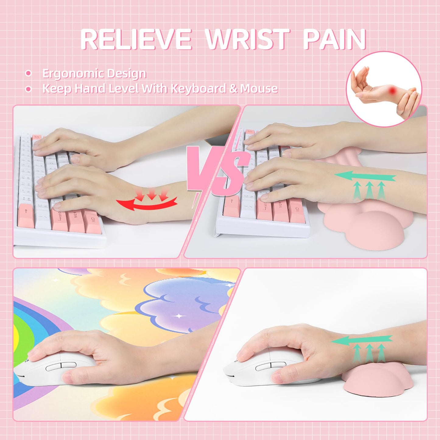 ATTACK SHARK Cloud Wrist Rest Mousepad Set for Gaming Keyboard and Mouse(31.3x11.6in) XXLarge Desk Mat Gel Wrist Support,PU Soft Memory Foam,Pain Relief,Non Slip Office Supplies for PC/Laptop-Pink
