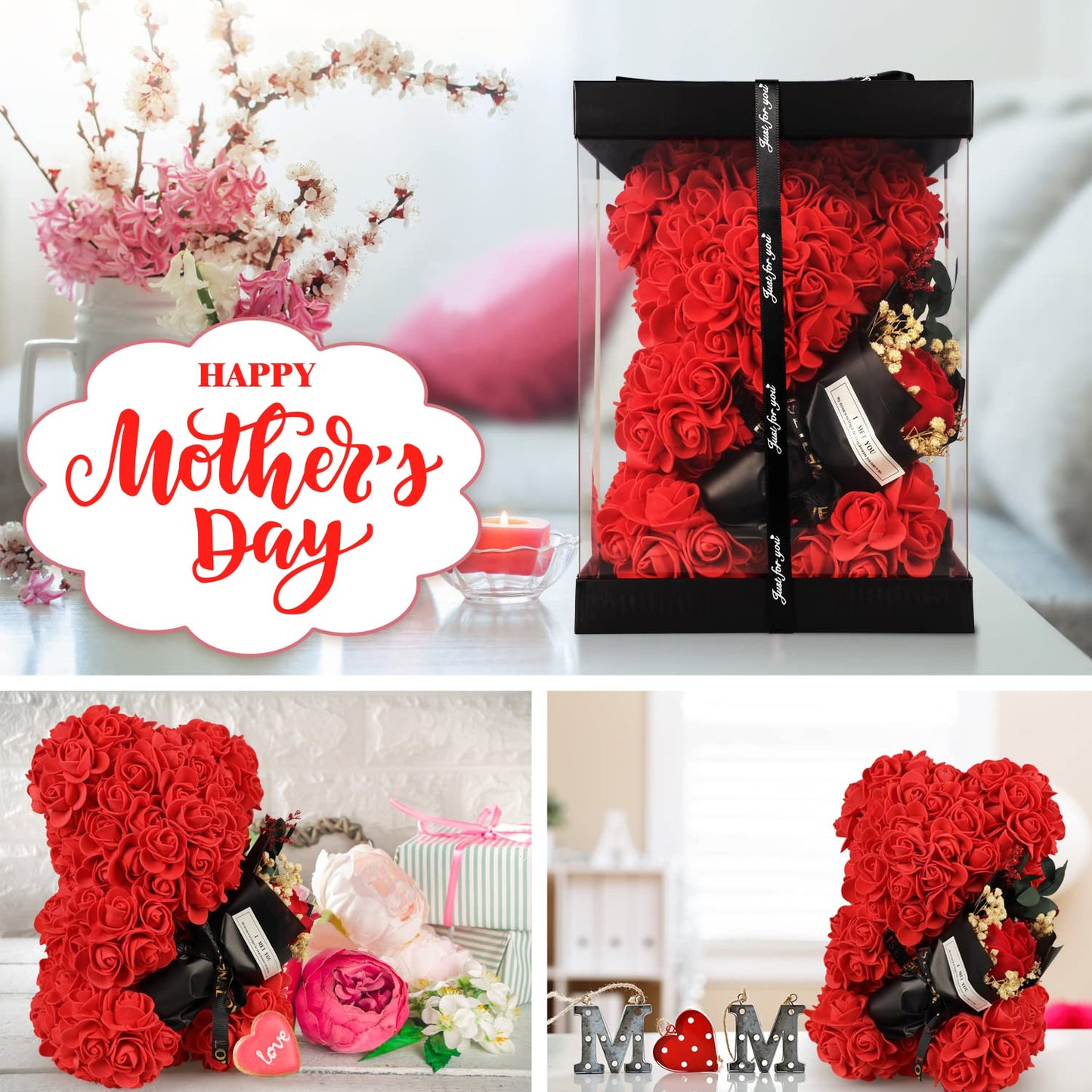 Mothers Day Rose Gifts for mom Rose Bear for Women, Artificial Rose Teddy Bear Birthday Bouquet, Mother's Day Rose Gift, Perfect for Wife, Mom, Grandma (Rose Red)