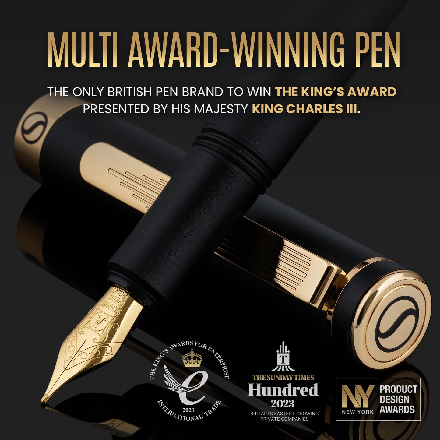 Scriveiner Luxury EDC Fountain Pen (Fine), Stunning Black Pocket Pen with Real Gold Finish, Schmidt Gilded Nib, Ink Converter, Best Writing Gift Set for Men & Women, Nice Fancy Office Designer Gift