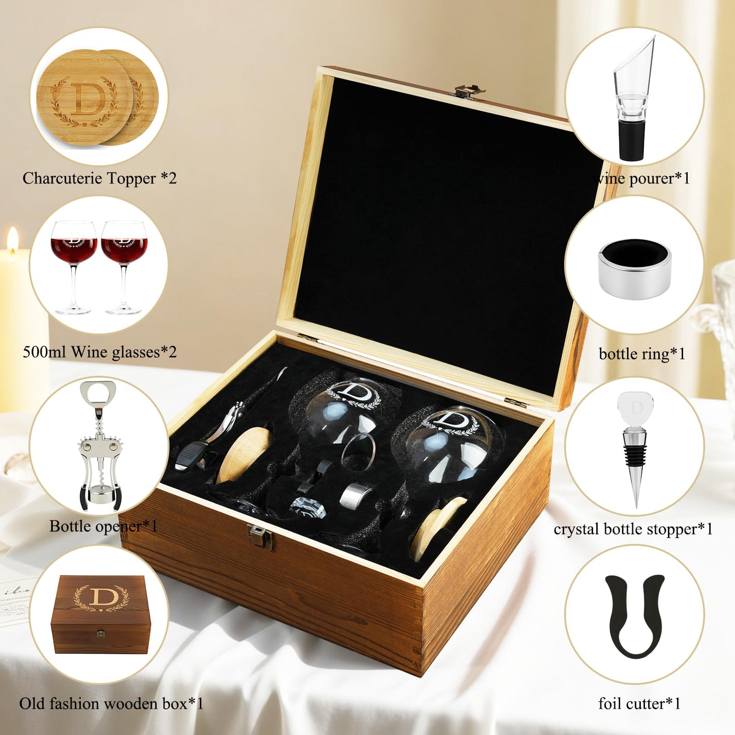 GZLDGIFTS Personalized Initial Wine Glasses Box Gift Set For Women Mom Engraved Birthday Monogrammed Wooden Christmas Gifts Wedding Anniversary Wine Couples Stopper Opener Initial Letterr (A Set)