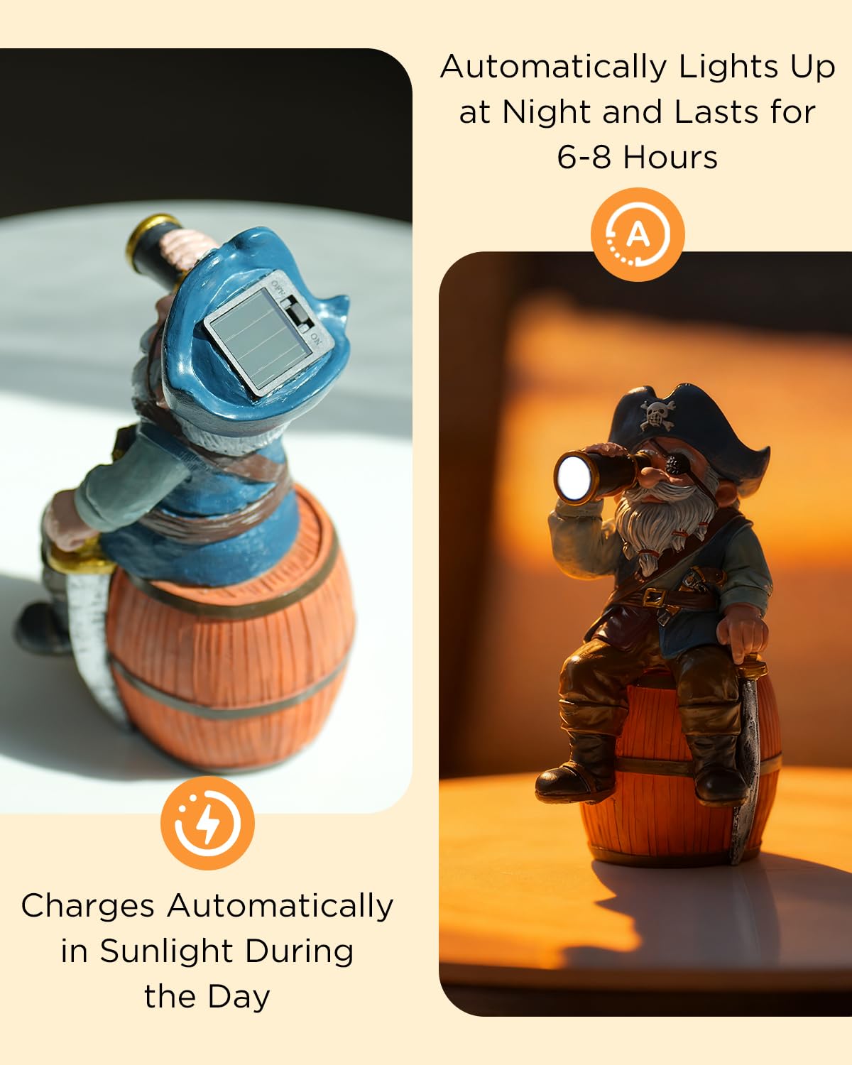 GaloTrek Solar Garden Gnome Statues Funny Resin Pirate Gnome Decorations Sitting on Wine Barrel Outdoor Figurines for Yard Patio Mom Gift
