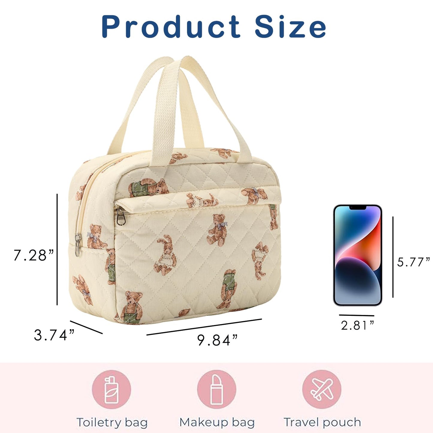 uekeboag Large Size Quilted Coquette Makeup Bag, Cute Preppy Floral Cotton Travel Cosmetic Organizer Bag with Top Handle, Multi-Layer Travel Toiletry Pouch for Girls (04Bear)