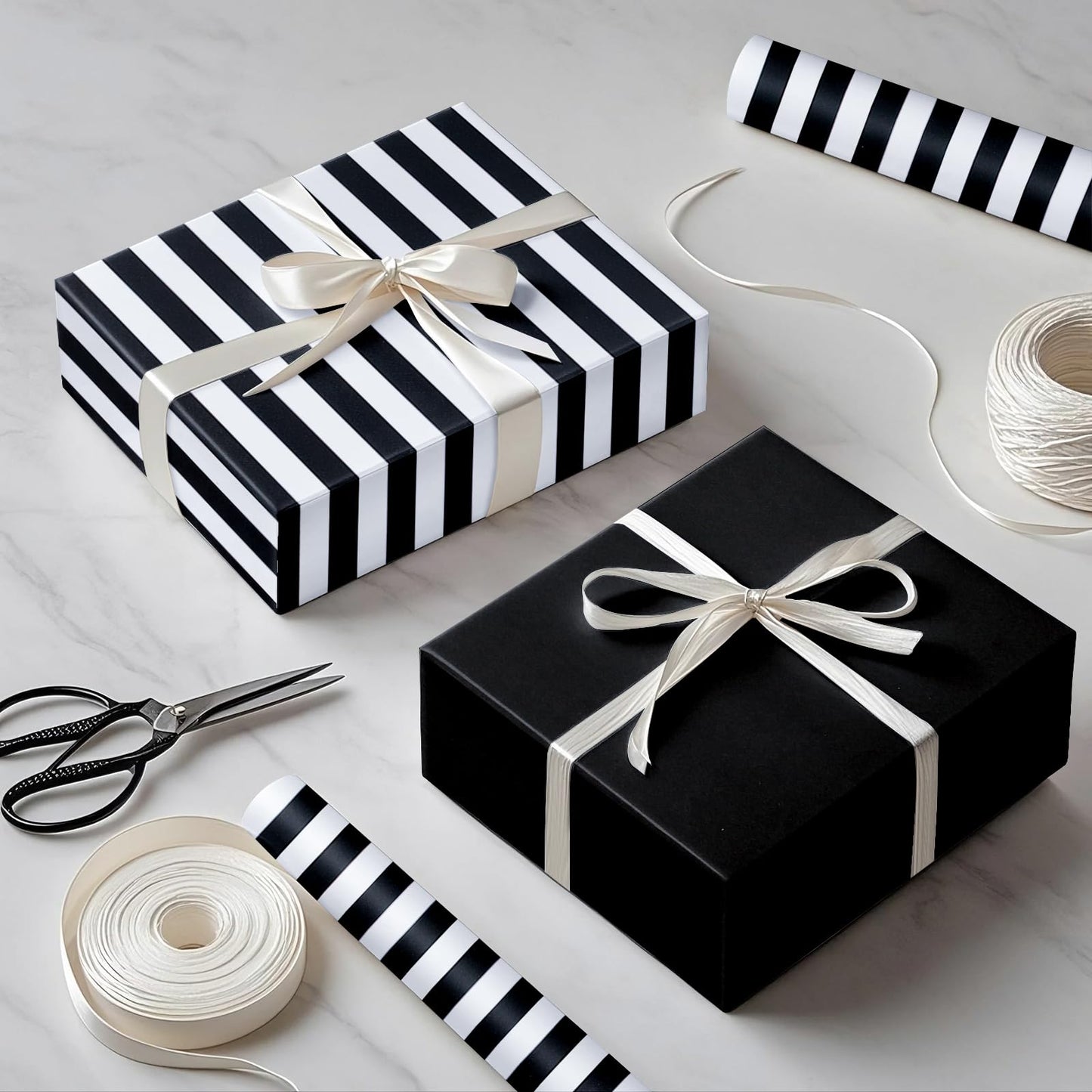 RUSPEPA Reversible Wrapping Paper Roll, Jumbo Roll, Black White Stripe and Solid Black Design Gift Wrap Paper for Birthday, Holiday, Graduation, Christmas, Father's Day, Wedding, 30 Inches x 32.8 Feet