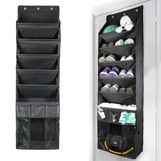 3in1 Over The Door Shoe Organizer with 5 Slanted Compartments,Removable Storage Bin & Transparent Pockets,Thickened Waterproof Oxford Fabric Shoes Rack for Shoes,Boots,Toys,Daily Essentials. (Black)