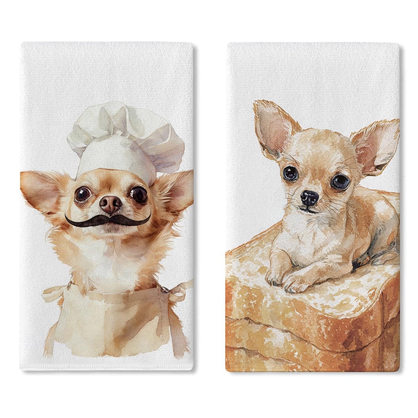 Croar Funny Chef Chihuahua Dog Kitchen Dish Towels Set of 2, Bread Bakery Restaurant Dinner Room Drying Hand Towel Baking Cooking Cloth, Pet Dog Owner Lover Gifts Home Decoration 18'' x 26''