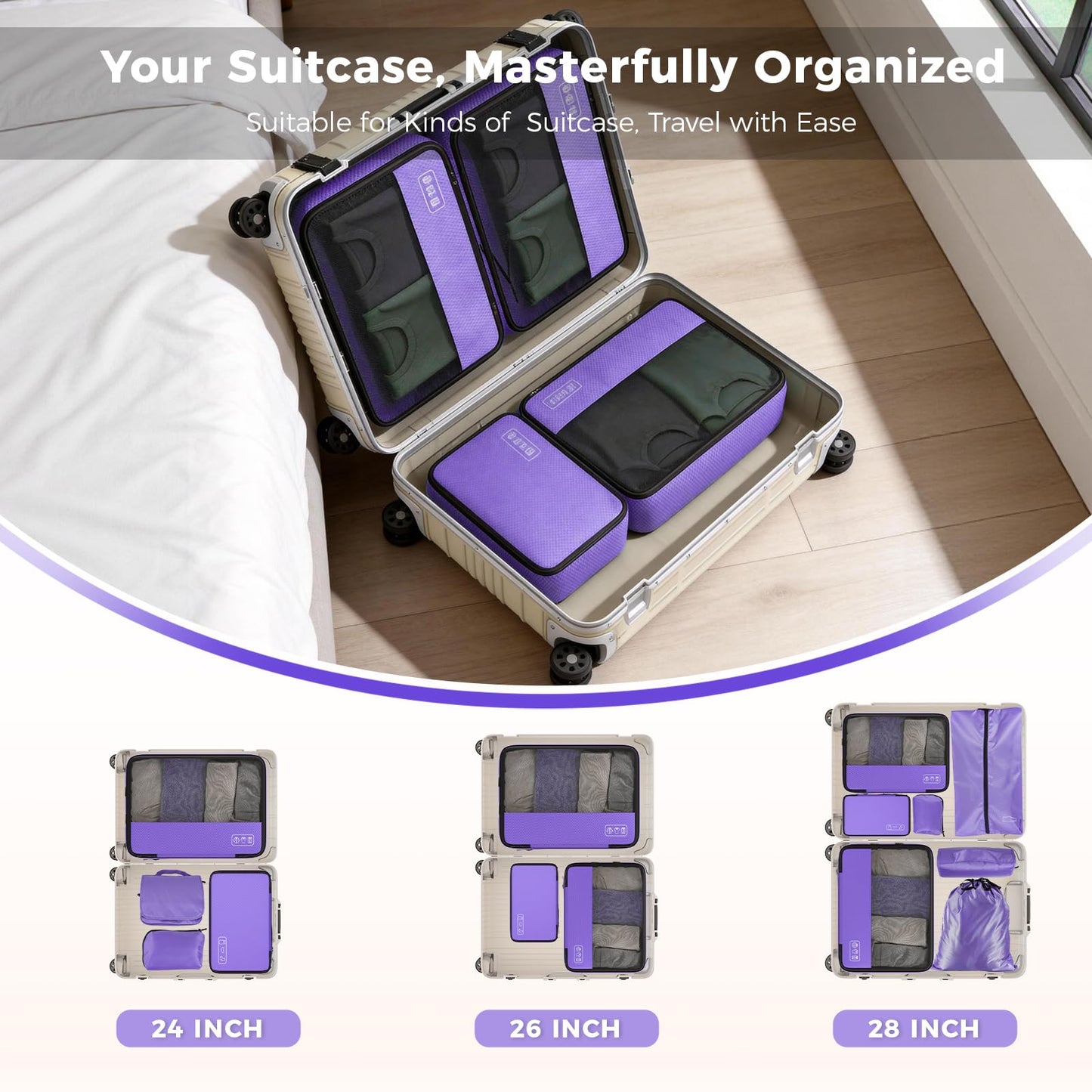 8-Piece Compression Packing Cubes for Travel, Elegant Ultralight Luggage Organizer Set for Women, Space Saving for Carry-On, Suitcase & Vacation Cruise Travel - Purple