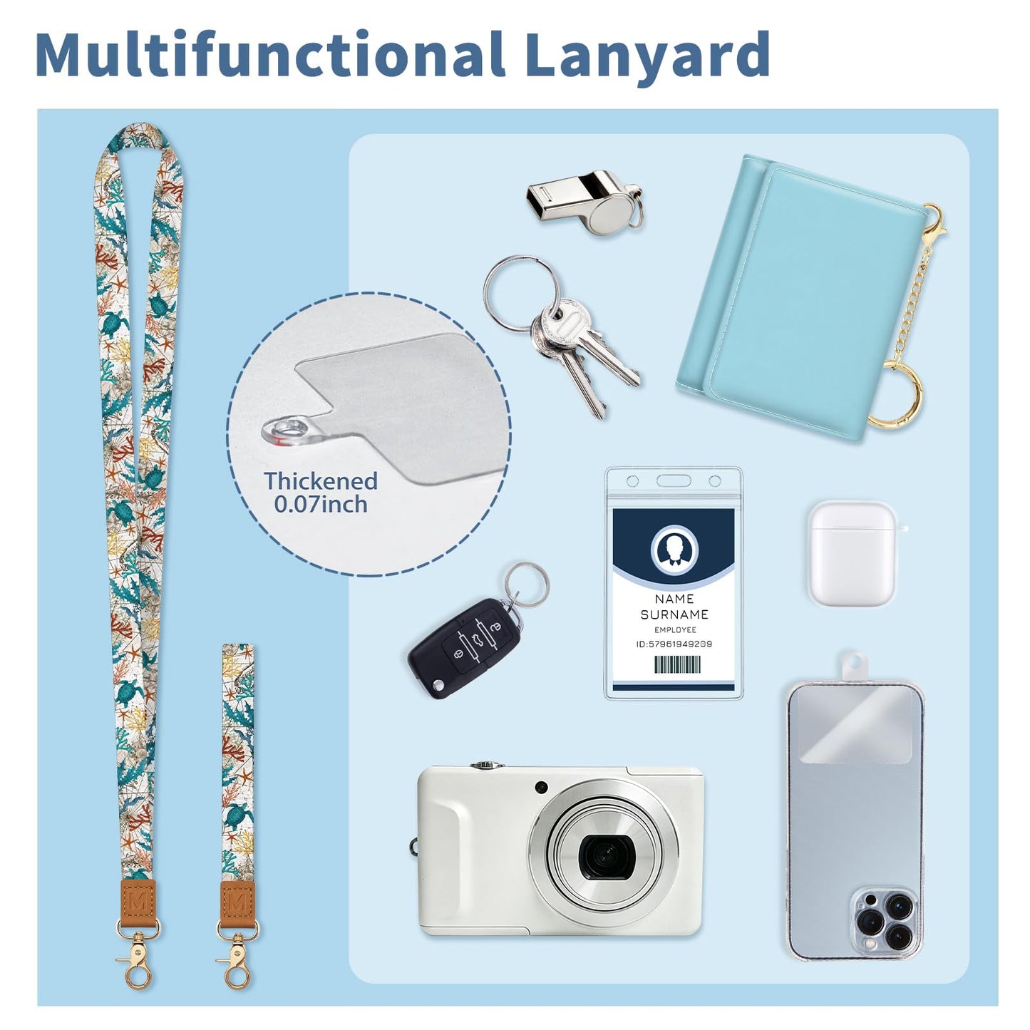 Mavellin Lanyard Wallet with Id Badge Holder, Sea Turtle RFID Small Keychain Wallet Women Wristlet, Cute Zipper Credit Card Holder Phone Wrist Neck Strap for Key Name Tag, Teacher Student Office Gifts