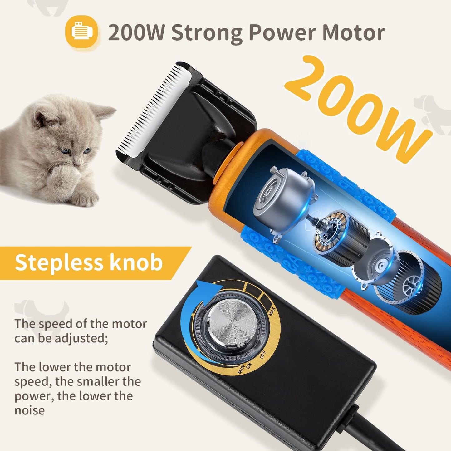 CGOLDENWALL Dog Hair Clipper for Grooming 200W Pet Clipper Kit with Spare Blade, Low Noise&Vibration, Animal Grooming Trimmer for Cat Sheep Dog 110-240V