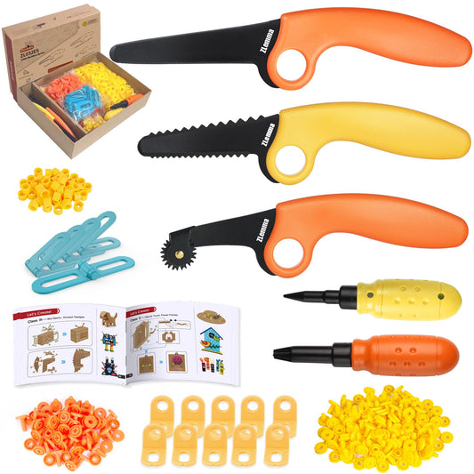 ZLemma Cardboard Construction Kit - 401 PCS Kids Building Set with Safe Serrated Cutter, Crease Roller, Screws & Nuts, STEM Upcycled Tool for DIY Cardboard Projects, Engineering & Creativity