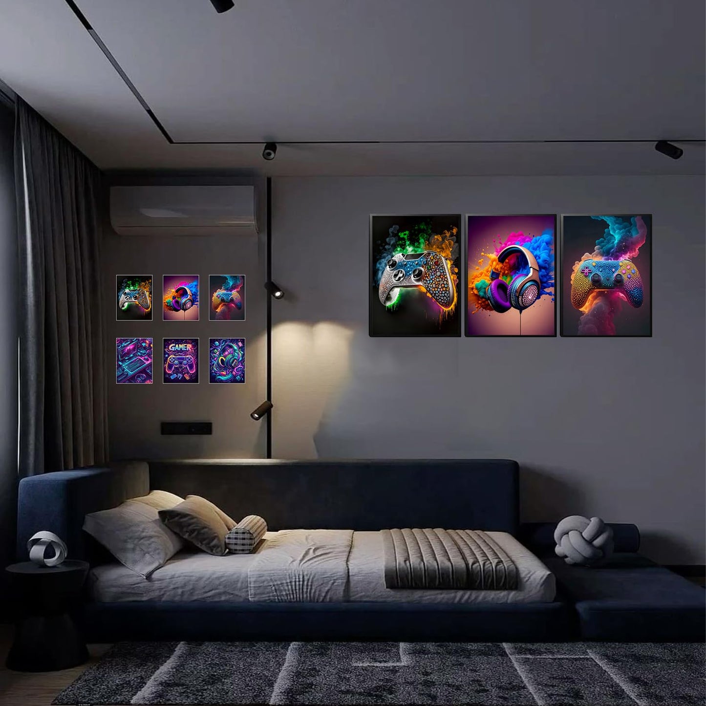 SEHSUVC Game Room Canvas Wall Art, 16x12inch 3-Piece set Wood Framed + 6 Pcs 8×10 Posters Prints, Neon Gaming Accessories Theme Gamer Wall Decor Gifts for Boys Youth Children Bedroom Home Decor