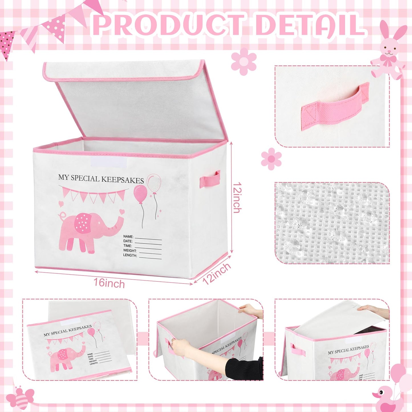 LemonRoad 16x12x12inch Baby Memories Keepsake Box Baby Shower Elephant First Keepsake Box New Parent Newborn Baptismal Birthday Gift for Mementos Travel Loved Ones Treasured Keepsakes (Pink)