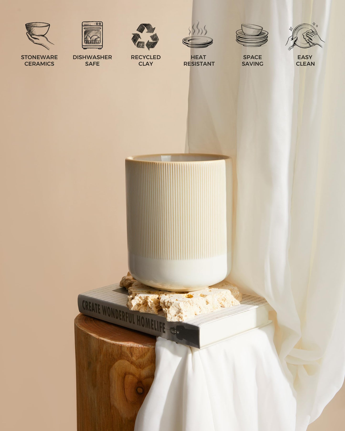 Pokini Utensil Holder, 7.3"+5.3" Ceramic Cooking Utensil Holder for Kitchen Counter, Kitchen Utensil Holder for Countertop, Farmhouse Heavy Large Utensil Crock Organizer for Spatulas, Spoons, Beige