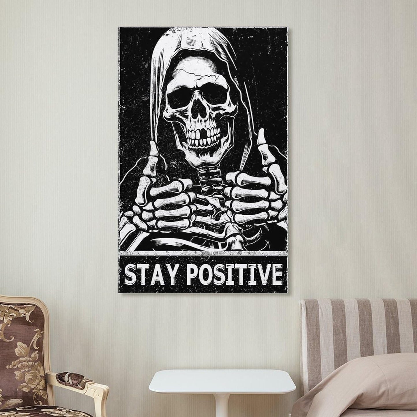 MAIHAIBAO Funny Stay Positive Skull Canvas Wall Art - Dark Humor Grim Reaper Poster - Motivational Gothic Decor for Bedroom & Office - 12x18 Inch (Unframed)