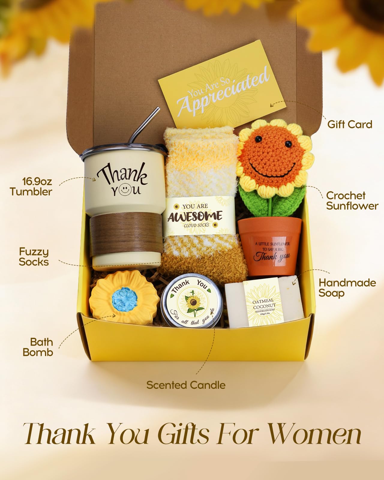 Coralogo Thank You Gift Basket for Women - 7pcs Teacher Appreciation Gifts, Thank You Gift Baskets for Teacher, Nurse, Employee, Coworker, Social Worker, Secretary with Crochet Sunflower