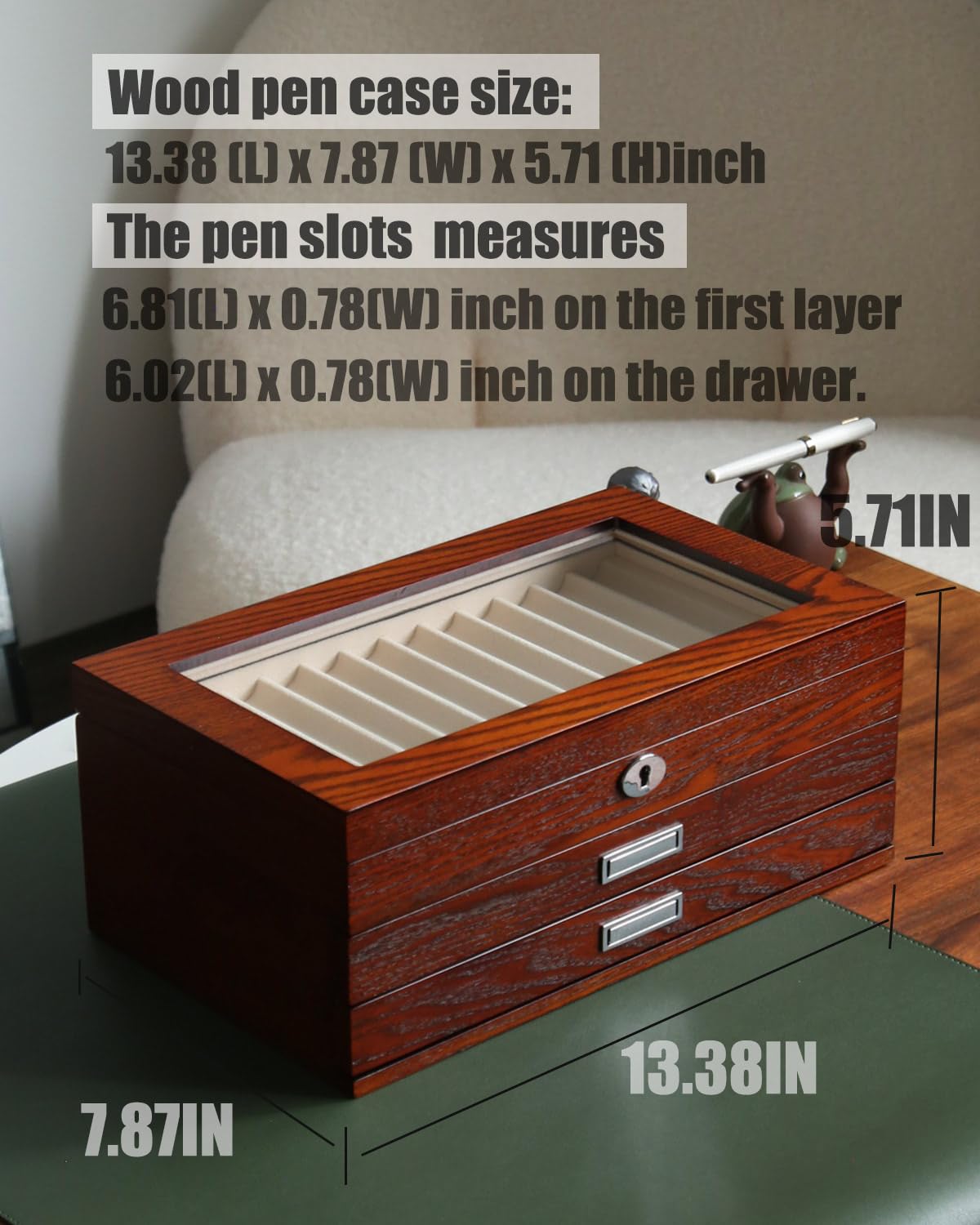 Bonaking Pen Display Case with 36 Pen Slots, Fountain Pen Case, Wood Pen Storage Organizer, Pen Box Display for Men Gift, Pen Collector with Glass Window(Brown ash Veneer Finish, Creamy-White Velvet)