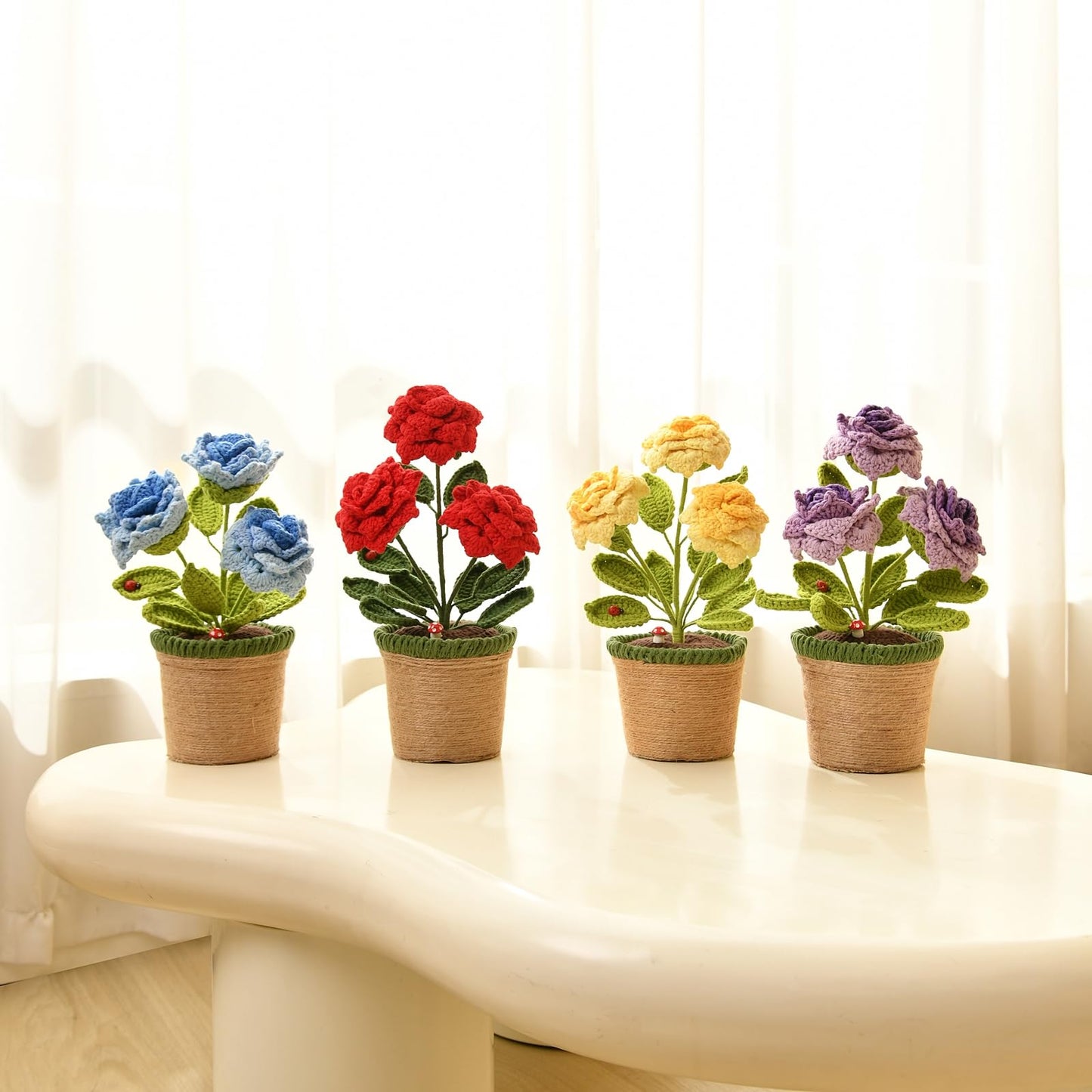 TALIBSA Handmade Crochet Rose Flower Pot Plant Gift Box，Crochet Flowers Handmade Knitted Potted Plants，Knitting Crochet Puff Flowers Potted Plants，Gifts for Family, Loved Ones and Friends