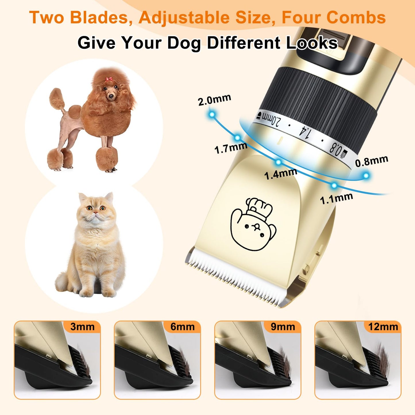 FrutPunch Dog Grooming Kit, Cordless Dog Clippers, Electric Shaving, Low Noise Rechargeable Dogs Hair Trimmer, with a Shaving Head for Feet, Suitable for Cats and Dogs, 2000MA