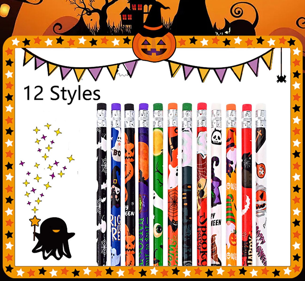 YYaaloa 144 Pcs Wooden Pencil with Eraser Halloween Colorful Pencils Novelty Fun Holiday Gift Office Supply Writing (144pcs, Halloween)