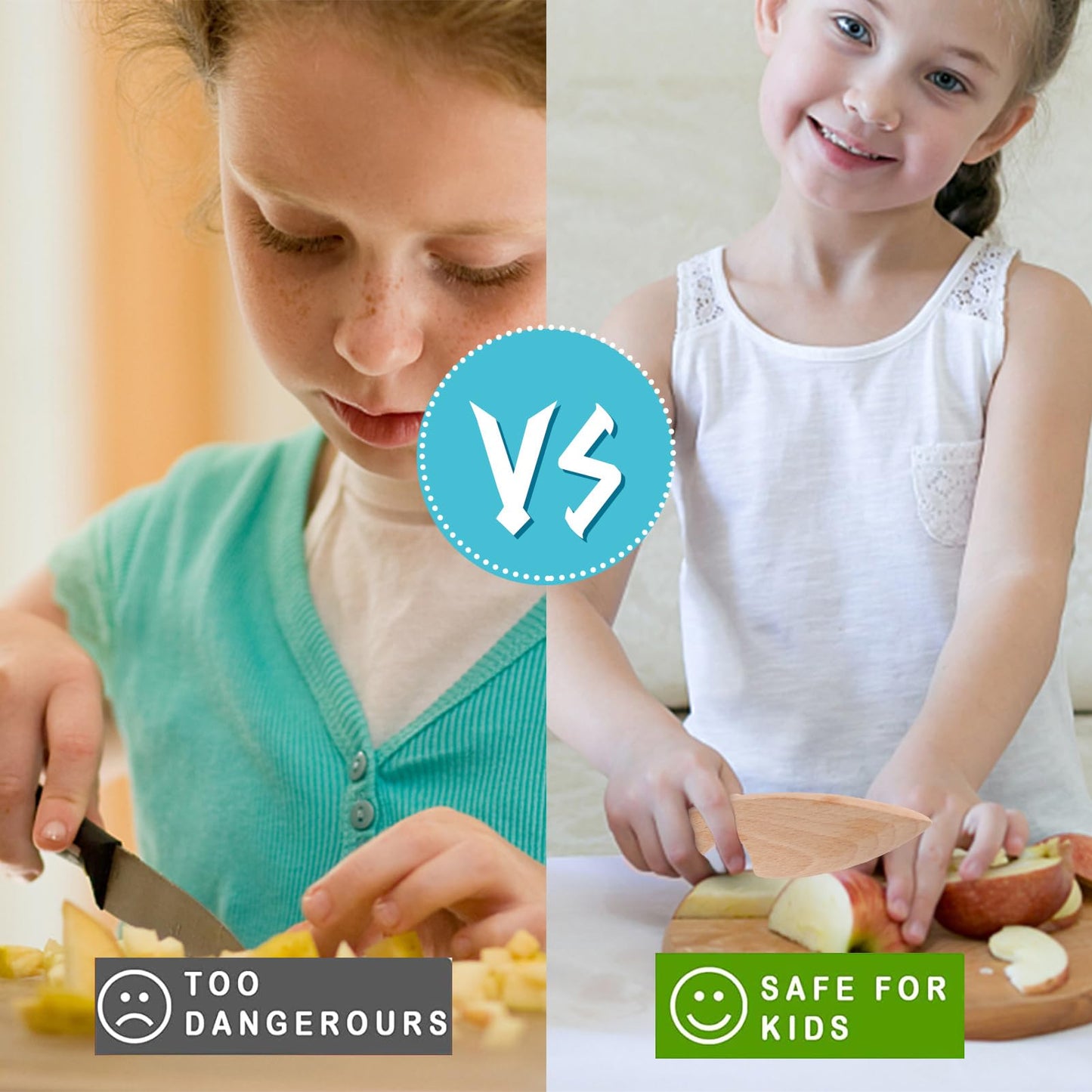 HEQU 7 Pieces Wooden Kids Knife Toddler Knife Set Toddler Cutting Board And Knife Set for Real Cooking Kitchen Tools for Toddlers for Cutting Veggies Fruits Salad Cake