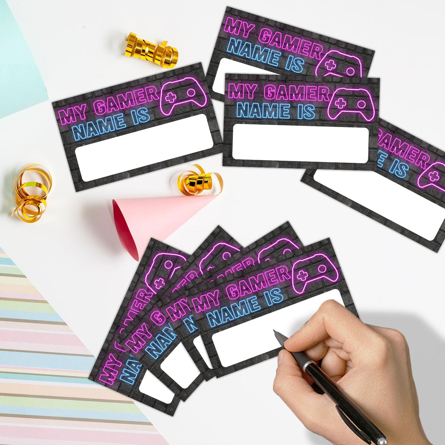 EQIUAG What's Your Gamer Name, Funny Game Night Decorations Cards Set,1 Game Sign and 30 Cards Games, Perfect for Birthday Party Activities