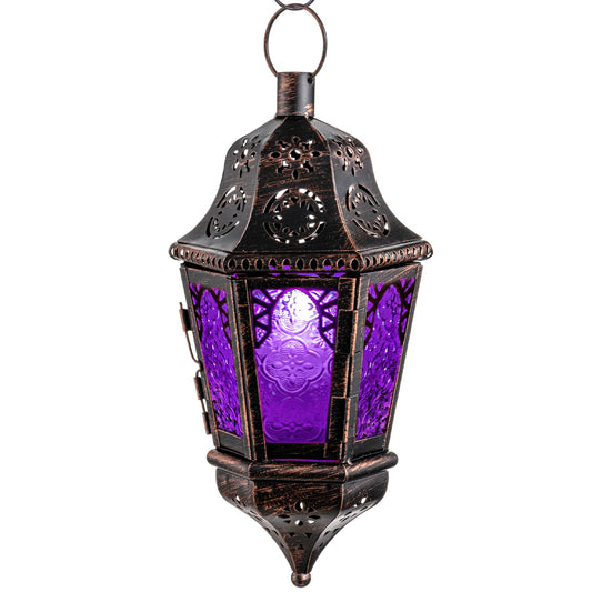 DECORKEY Moroccan Decorations Indoor, 13.6’’ Lantern Decorative Outdoor, Halloween Style Hanging Lantern with Chian for Home Porch Patio Decor, Vintage Metal Christmas Ramadan Candle Holders(Purple)