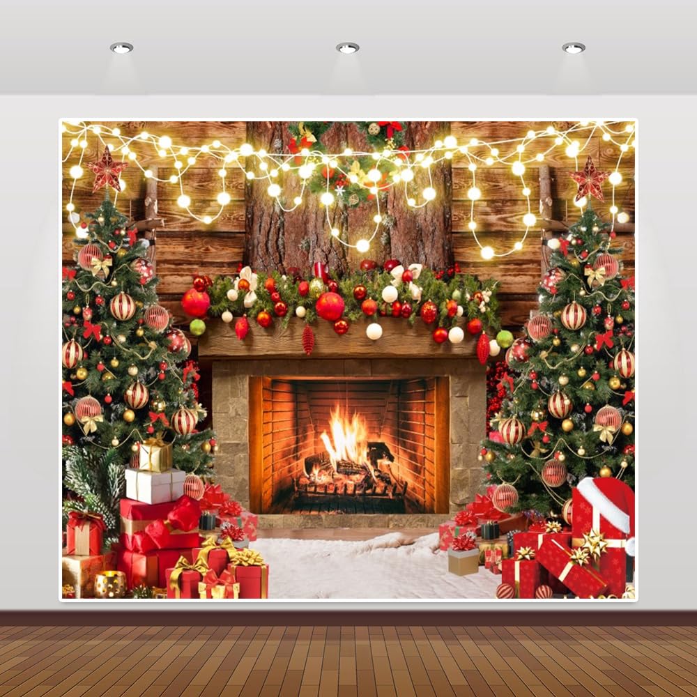 Christmas Fireplace Photography Backdrops 10x8ft Vinyl Winter Photoshoot Backdrop Xmas Tree Lights Wooden Board Wall Gift Box Background Xmas New Year Party Background Banner Supplies Props