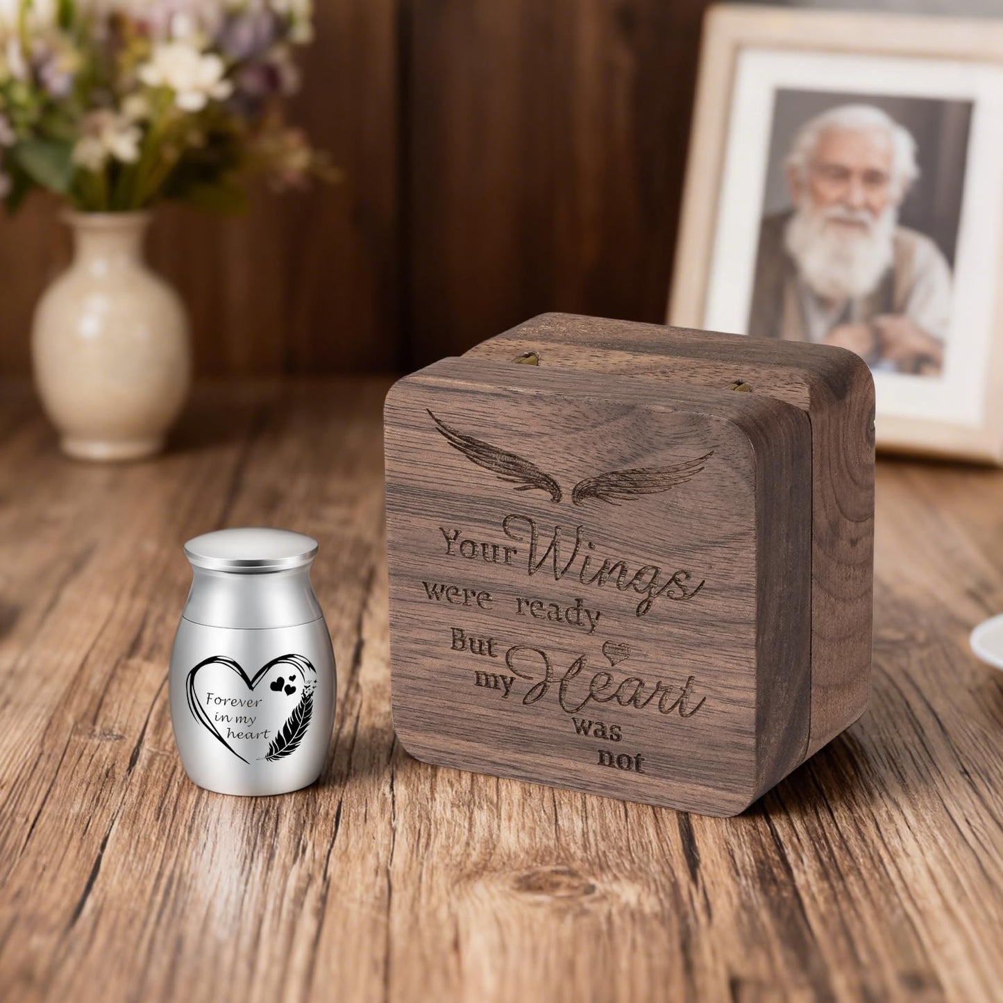 Dletay Angel Wing Small Urns for Human Ashes Square Wooden Keepsake Box 1.57 Inches Heart Mini Cremation Urns for Women Men Memorial Funeral Urn