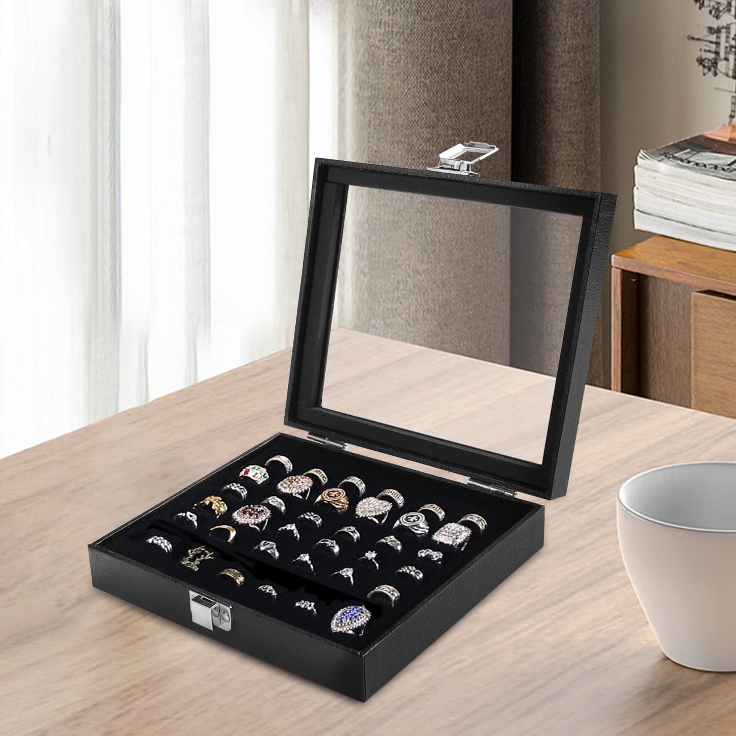 Ring Jewelry Organizer Box, 36 Slots Rings Display Storage Case Earring Showcase - Black Velvet Jewelry Stand Holder Tray with Transparent Glass Lid - Ideal Gift for Women Girl