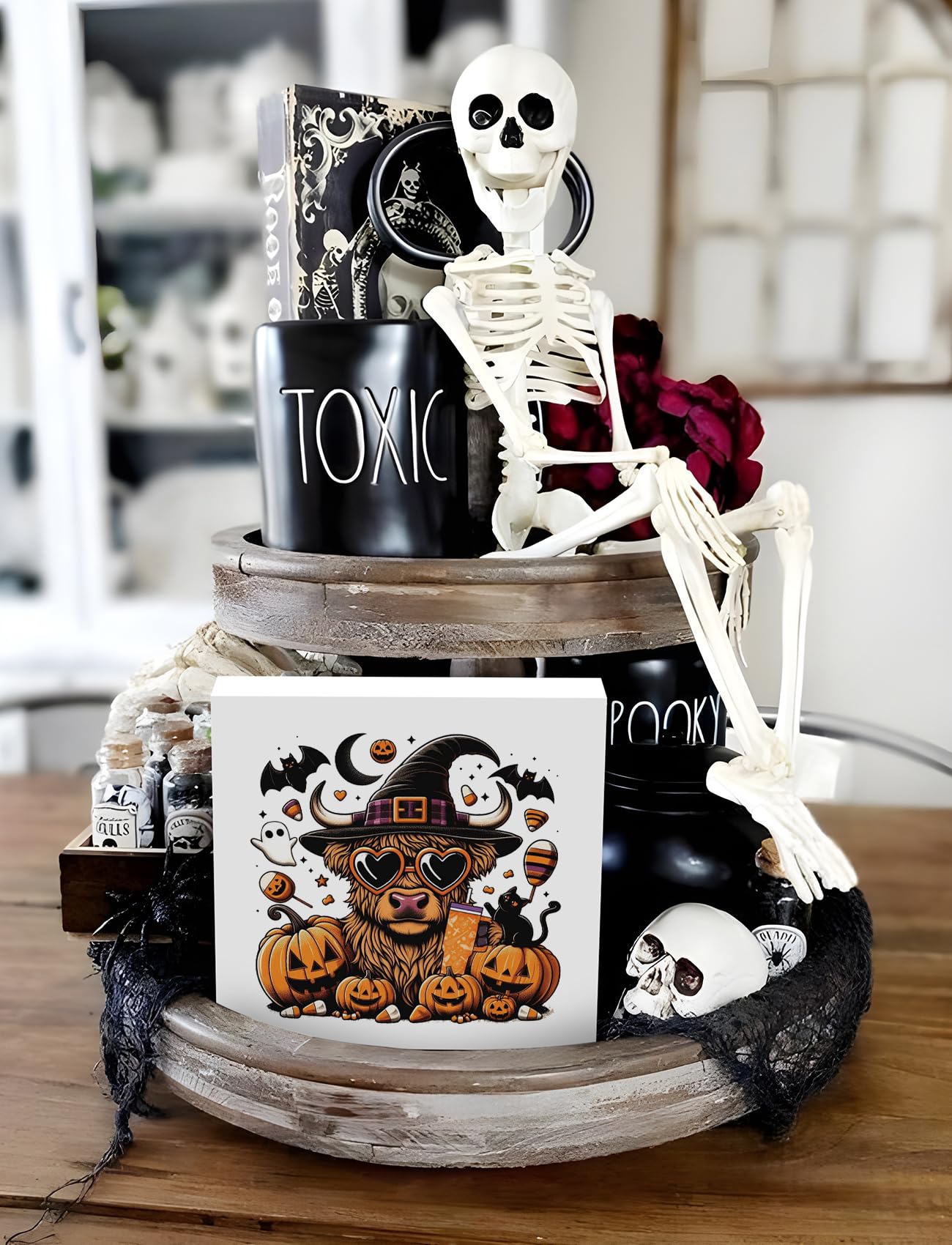 Foritho Funny Halloween Witch Highland Cow Wooden Box Sign Plaque, Halloween Wood Signs for Home Office Desk Shelf Table Decor, Witchy Halloween Decor, Halloween Decorative Signage,5x5 Inch