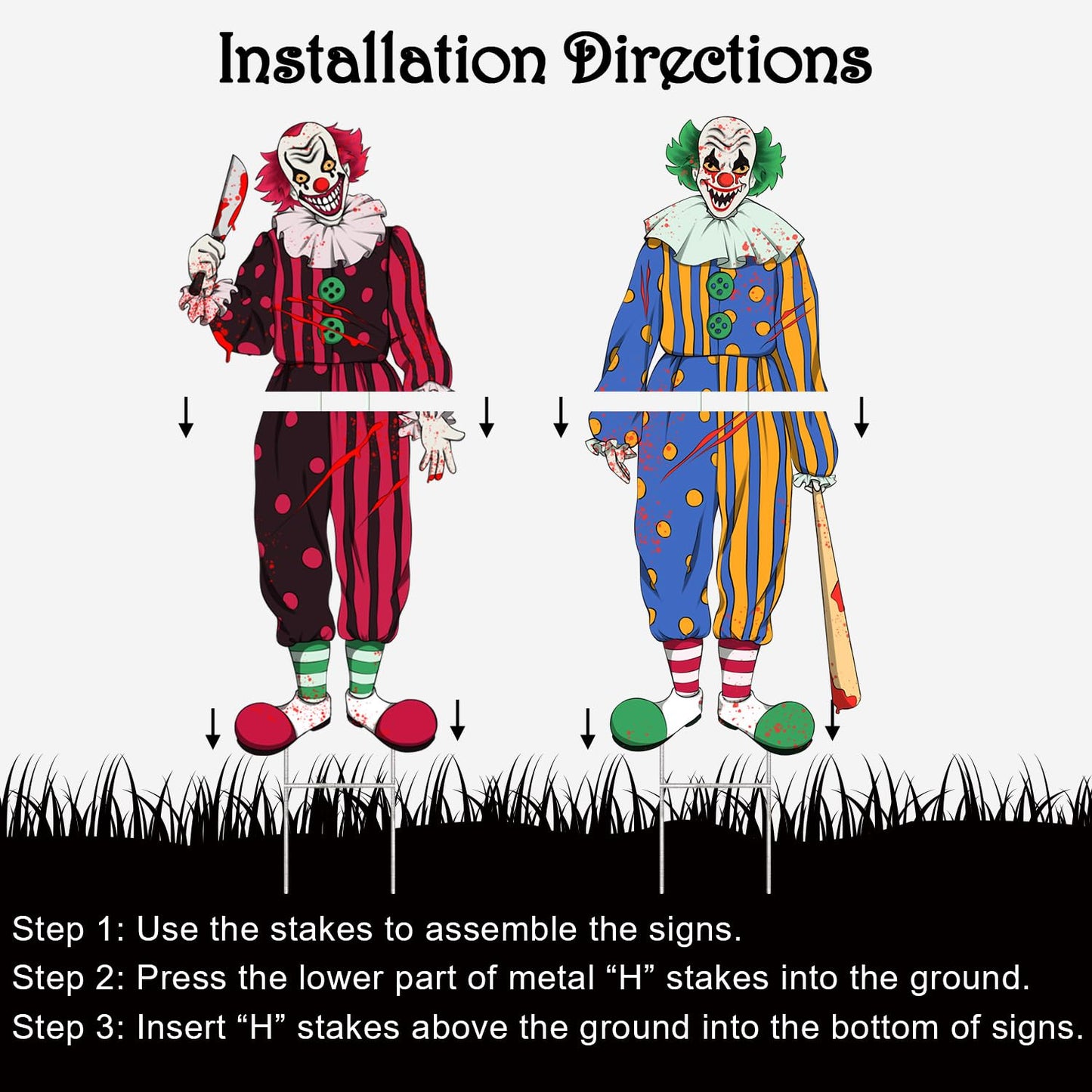 Bunny Chorus Outdoor Halloween Decorations: 2ct Extra Large Bloody Clowns Yard Signs with Stakes, Corrugated Plastic, Red Green Outside Halloween Decor for Kids Home School Yard Lawn Haunted House