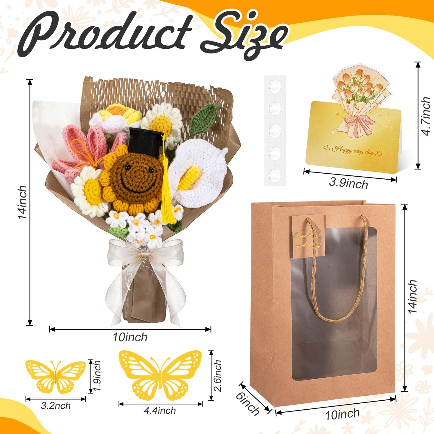 Retrowavy Graduation Crochet Flower Bouquet with Gift Box Bag and Card, Crochet Flowers Handmade Pink Tulips Sunflowers Bouquet Graduation Gifts for Women Friends Grad(Yellow, Grad)