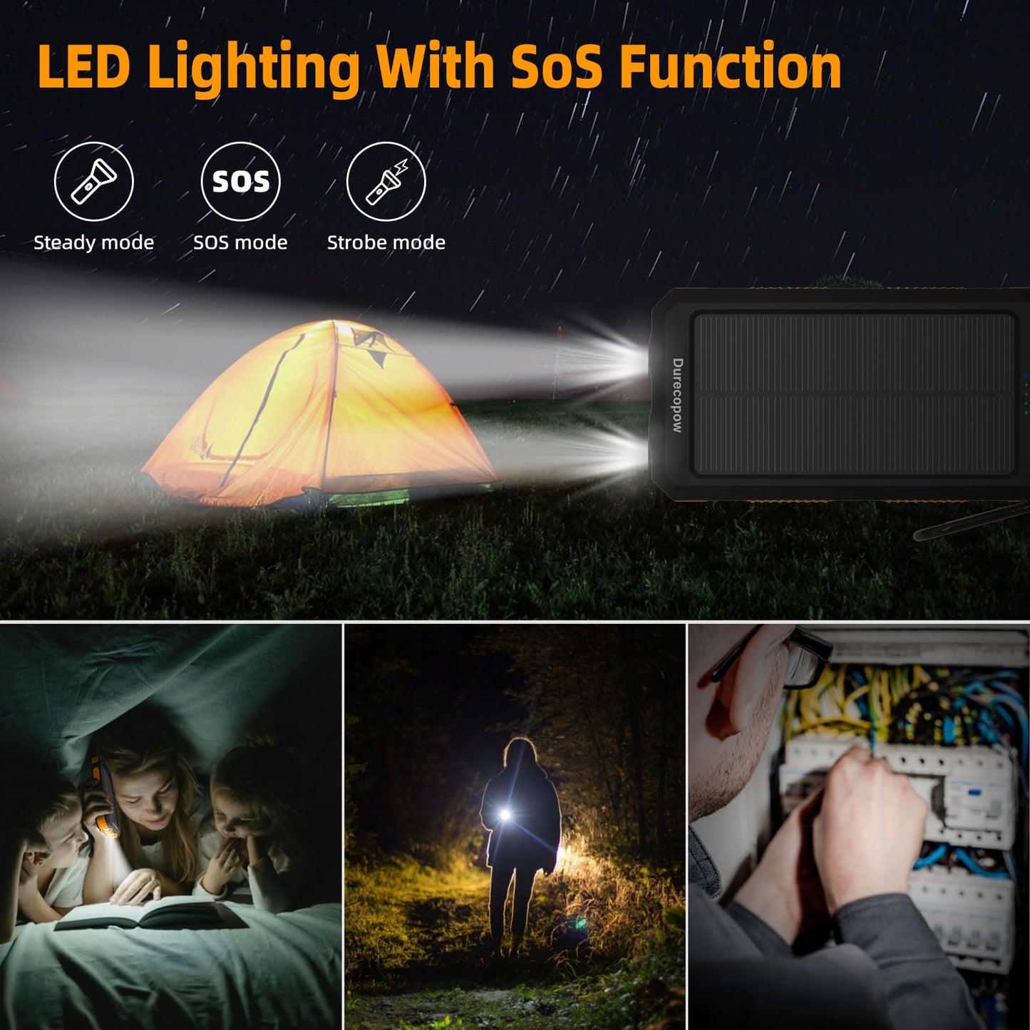 Durecopow Solar Charger Power Bank 20,000mAh, Portable Charger, 4 Cables 3 Ports Fast Charging External Battery Pack with USB C for Cell Phones, Solar Panel Charger with Dual Flashlight for Camping