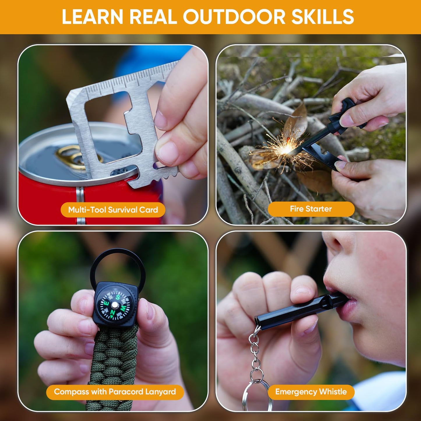 Kids Pocket Knife with Camping Survival Kit, Whistle, Fire Starter, Compass, Carabiners and Carrying Case, Easy Close Safety Lock on Knife. Outdoor Exploration Set for Kids