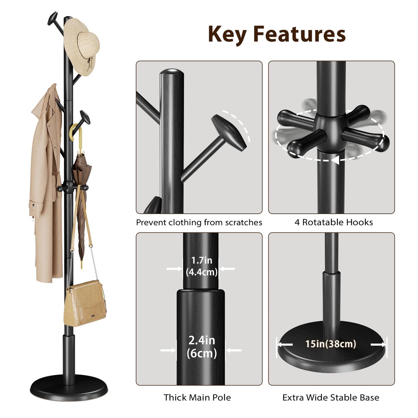 Taitiy Solid Wood Coat Rack Freestanding Coat Tree with 10 Hooks for Bedroom, Livingroom, Entryway, Sturdy Coat Hanger Stand for Hats, Coats, Scarves, Handbags, Purses