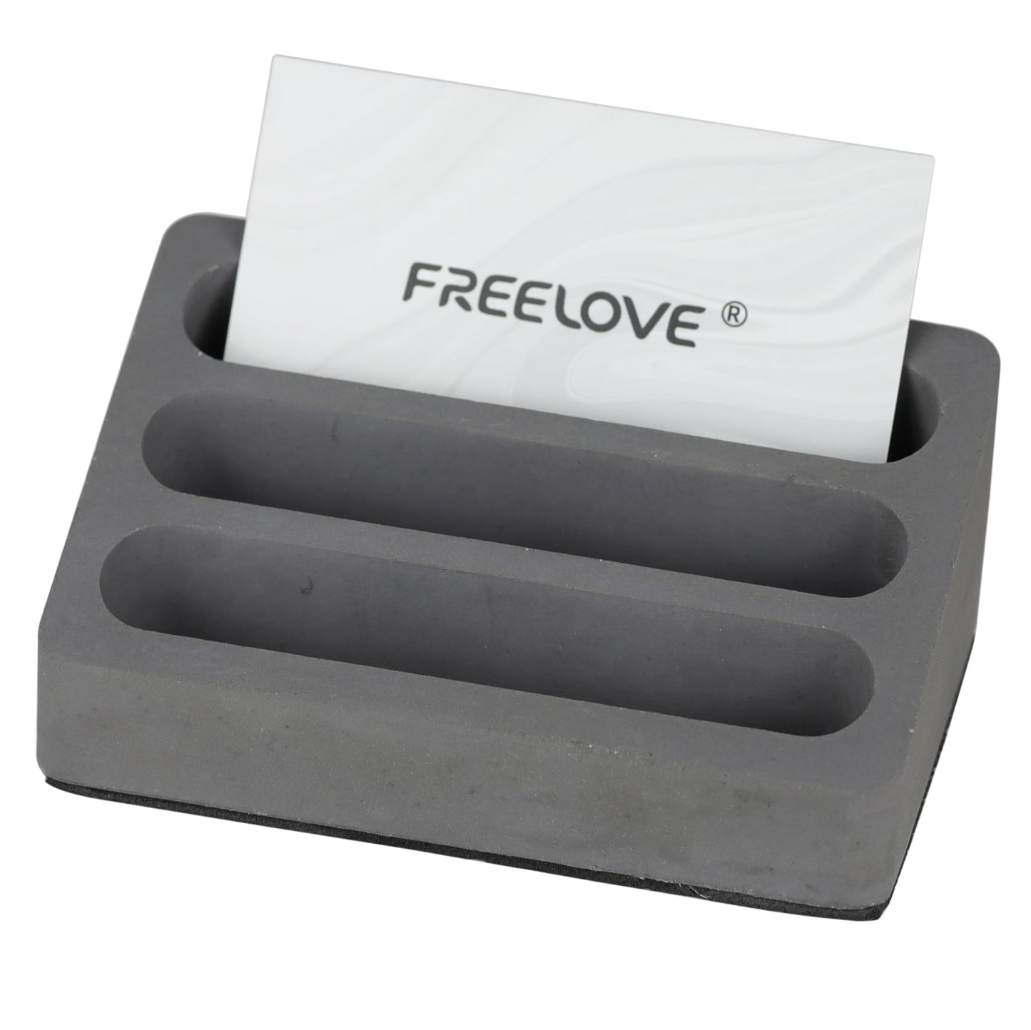 FREELOVE Desktop Card Holder, Concrete, Handmade, 3 Stair 3 Slots, Fits 30-50 Business Cards, Stone Weighted, Smooth Finish, Eva Base, Office Desk Organizer (Dark Grey, Small)