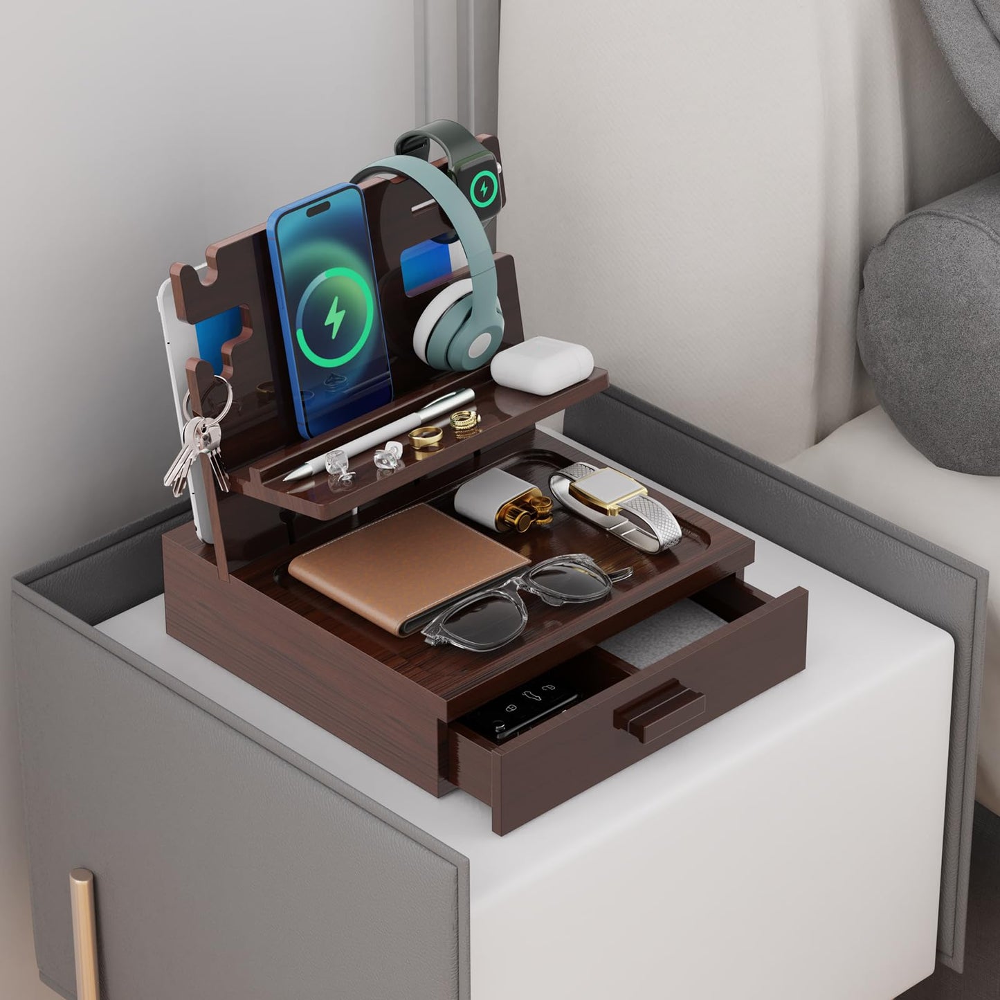 sandpaint Nightstand Organizer for Men with Drawer Wood Docking Station with USB Ports and AC Outlets, Gifts for Men, Holds Phone, Tablet, Keys, Glasses, Earphones Etc（Brown）
