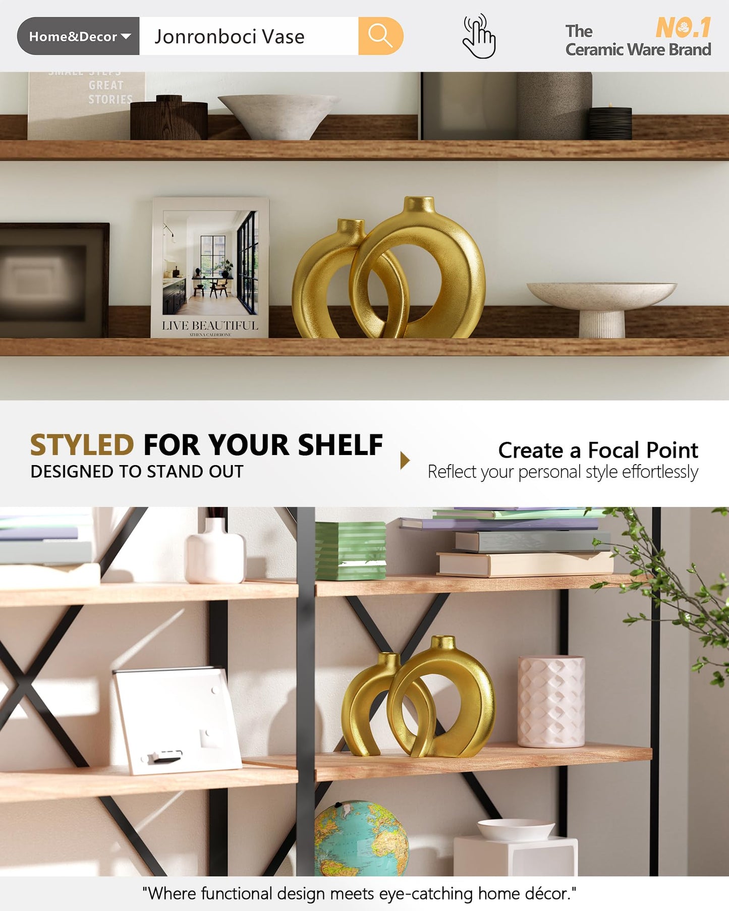 Set of 2 Gold Ceramic Vases for Home Decor Accents - Unique Hollow Donut Artistic Design Modern Art Deco Luxury Style Decorative Vases for Shelf, Mantel, Entryway Table Decor (Matte Gold)