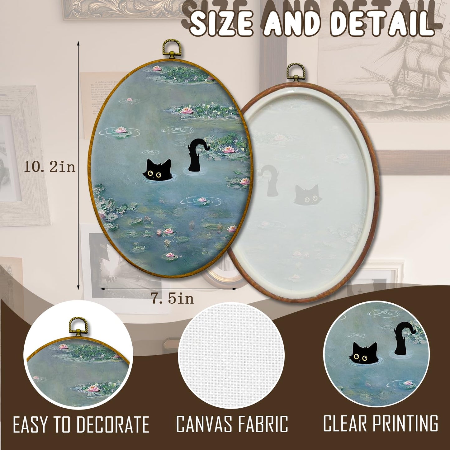 Black Cat Wall Hanging, Black Cat Among Pink Water Lilies, Evening Retro Preppy Style Animal Painting, Suitable for Living Room, Bedroom, and Bathroom Decoration, Christmas Gifts for Granddaughter, 8.5x11.2 inches