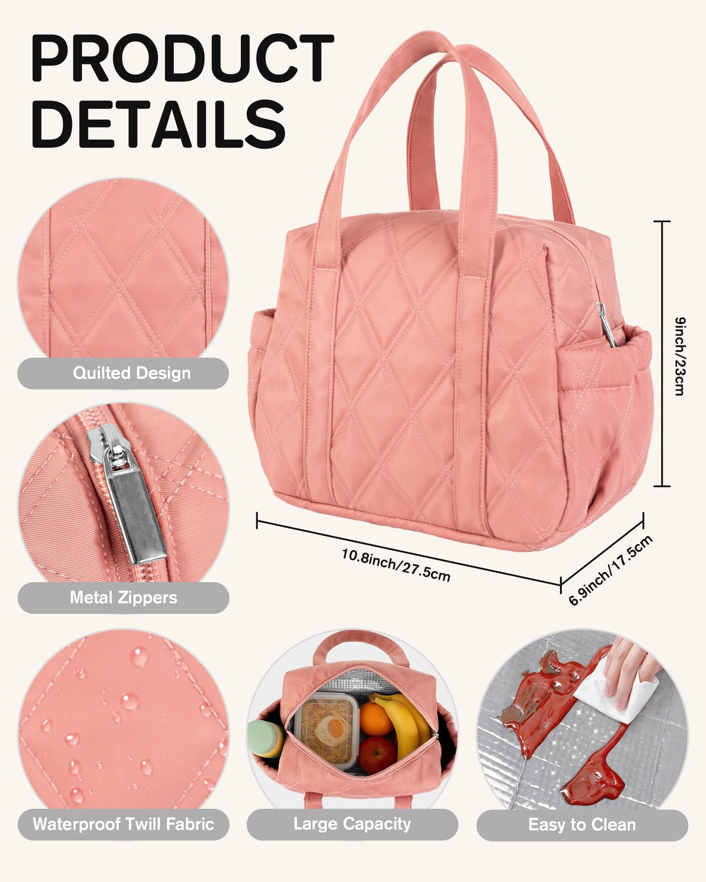 Easozoom Quilted Puffer Lunch Bag for Women, Leakproof Lunch Box for Adult Girls, Large Capacity Reusable Lunch Box for Work School Picnic Travel (Dark Pink)