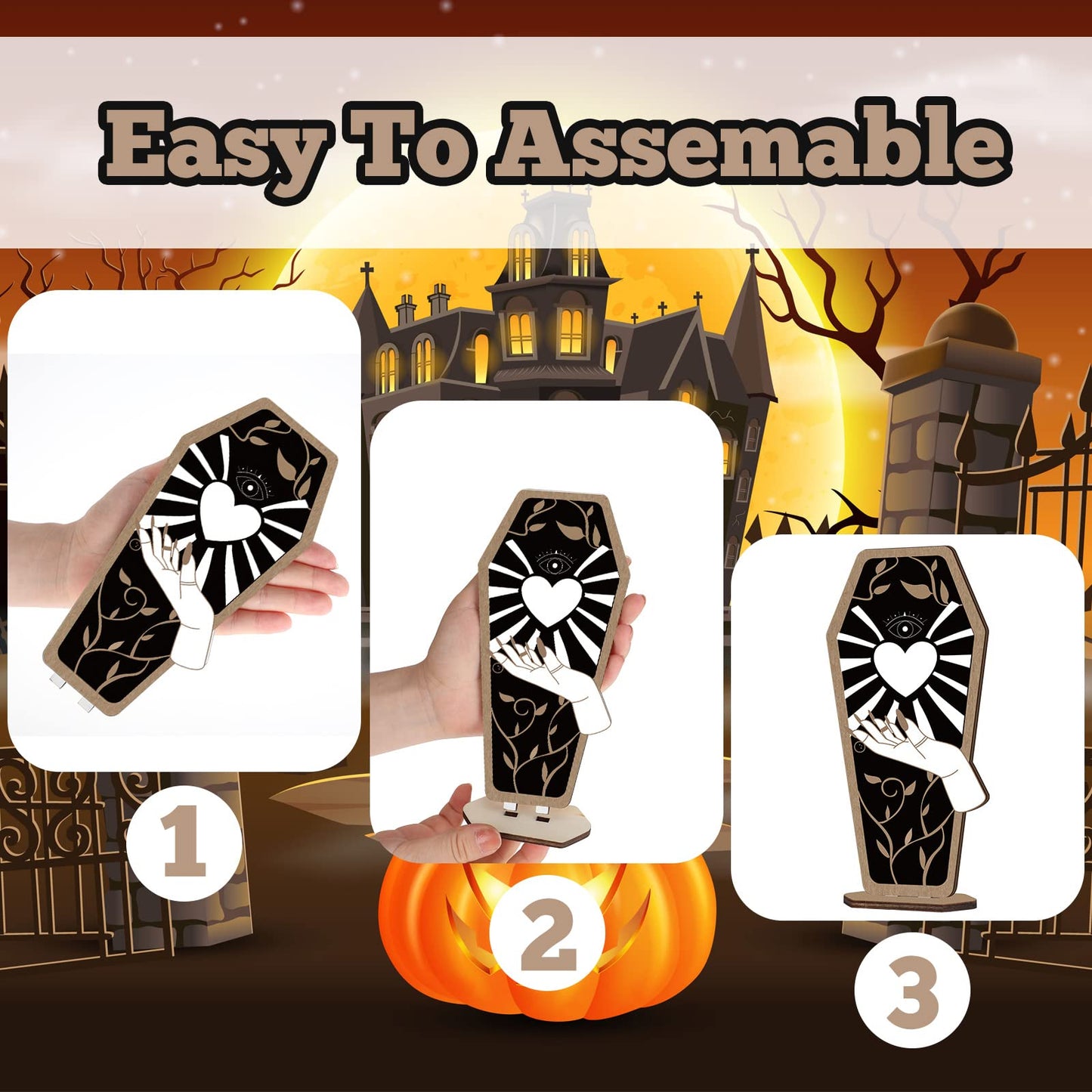 3-Piece Gothic Home Decor: Witch Hand Wooden Coffin Sign, Spooky Hands Stars Hearts Table Desk Accessories for Halloween Party Supplies