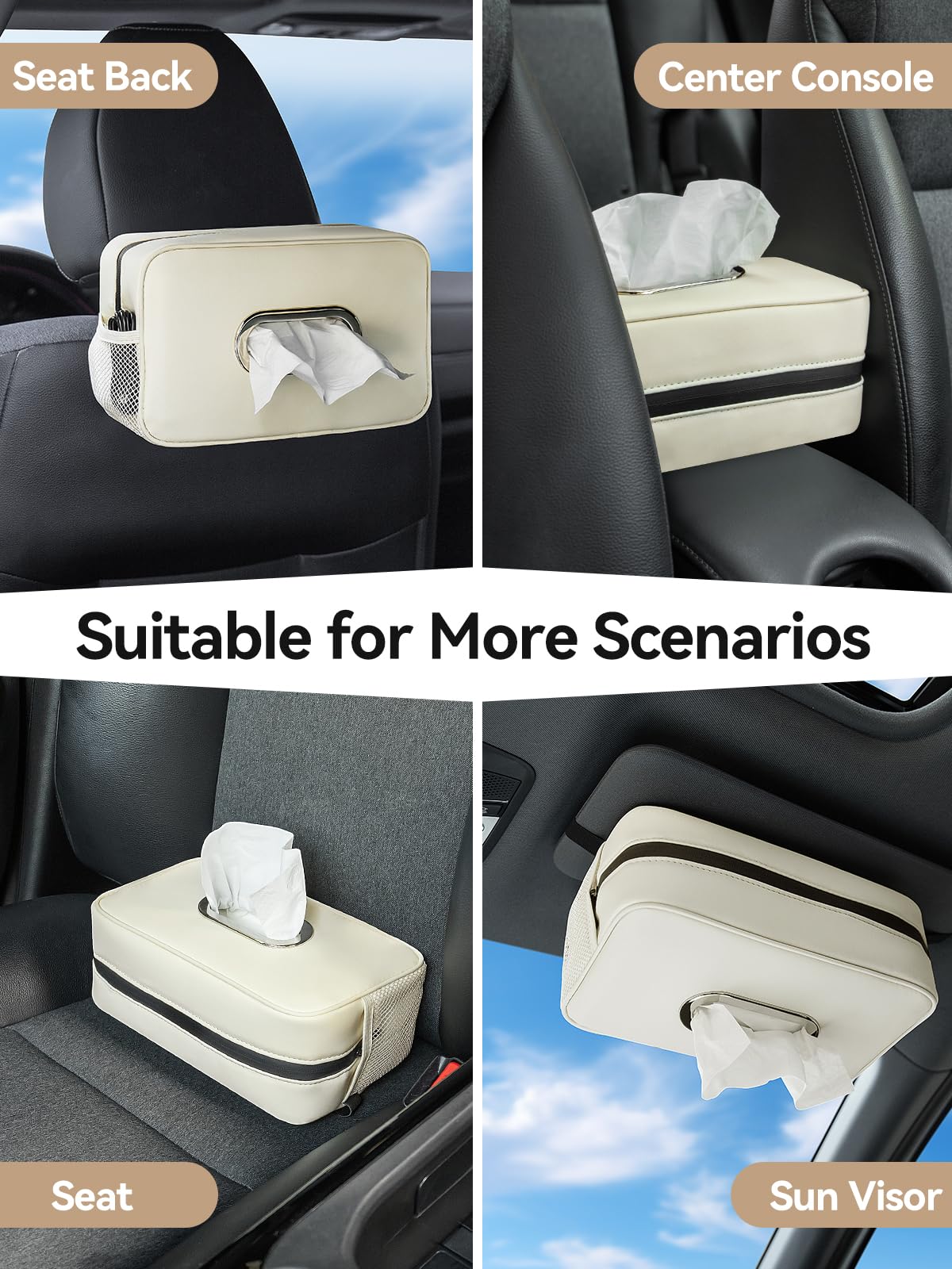 Multi-Functional Car Tissue Holder with ‌2 Storage Nets, Upgraded PU Leather Tissue Box Cover, Large Rectangle Napkin Organizer, Fit for 100-160 Regular Size Tissues, Keep Car Tidy, Beige
