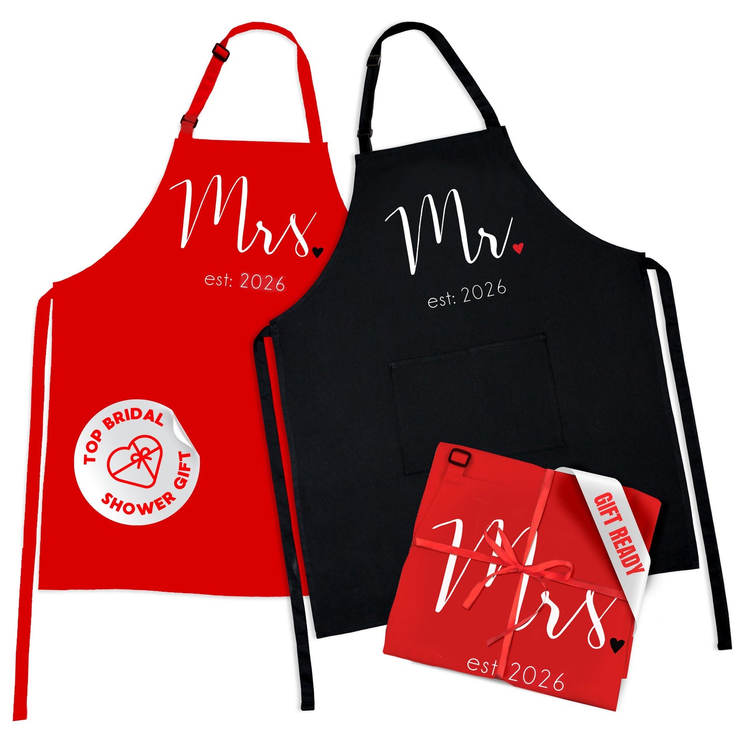 Prazoli Products Mr Mrs Apron Set - Engagement Gifts, Wedding & Bridal Shower Gifts for Couple (Mr. & Mrs. Est: 2026 - Red, Standard)