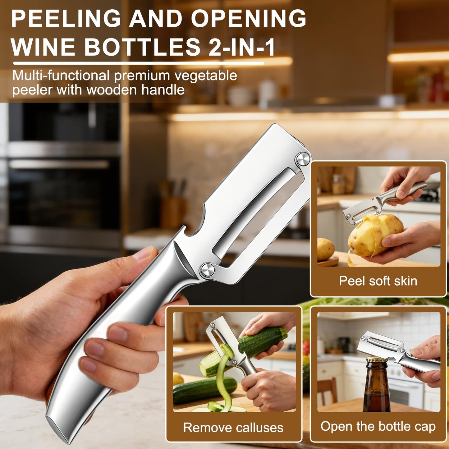 2Pc Multi-Functional Vegetable Peeler for Kitchen,2026 New Stainless Steel Peeler with Wooden Handle and Bottle Opener,2 in 1 Stainless Steel Kitchen Tool for Fruit Apple Potato Pumpkin Slicer(Sliver)
