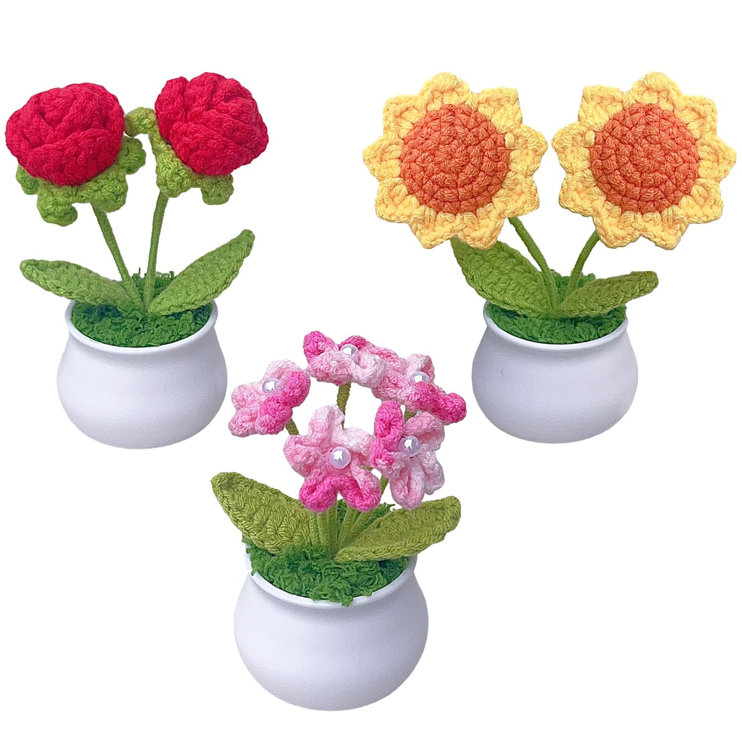 Rimvoe 3pcs Crochet Flower Pot, Sunflower Red Rose Forget Me Not Small Potted Flowers, Mothers Day Valentines Gifts for Mom Wife, Cute Desk Decor for Women Office Car Dashboard