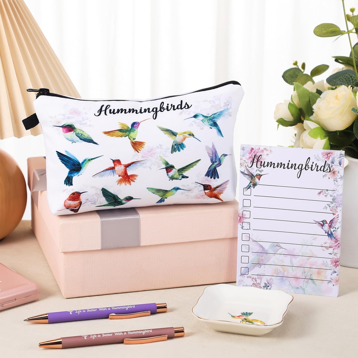 Dansydaisy 4 Pcs Hummingbird Valentine's Day Women Gifts Include Ring Dishes, Ballpoint Pen, Sticky Notes to Do List, Makeup Bag, for Wife Sister Best Friend, for Birthday Christmas Gifts
