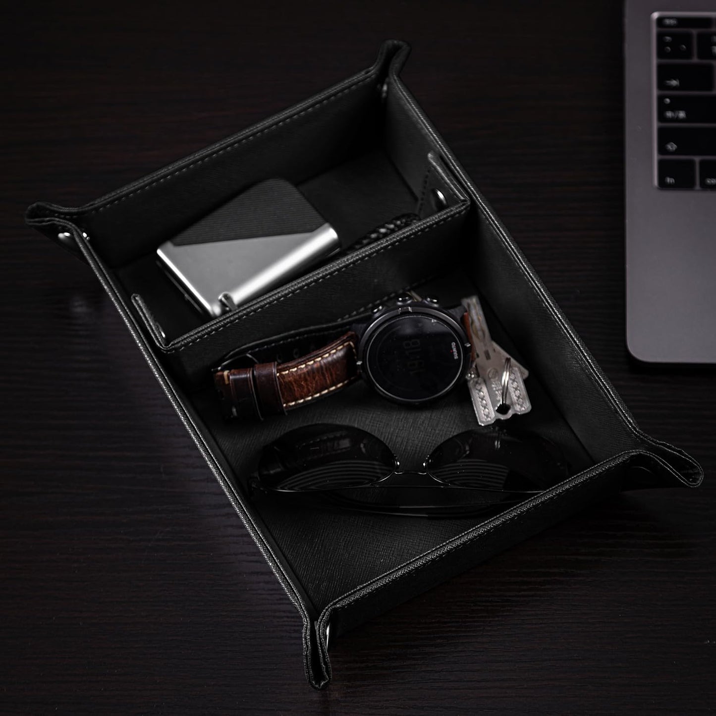 BONNY DODO Valet Tray for Men PU Leather Tray Organizer with Partition, Storage Keys, Watch & Practical Storage for Table Nightstand Living Room Bedroom (Black)