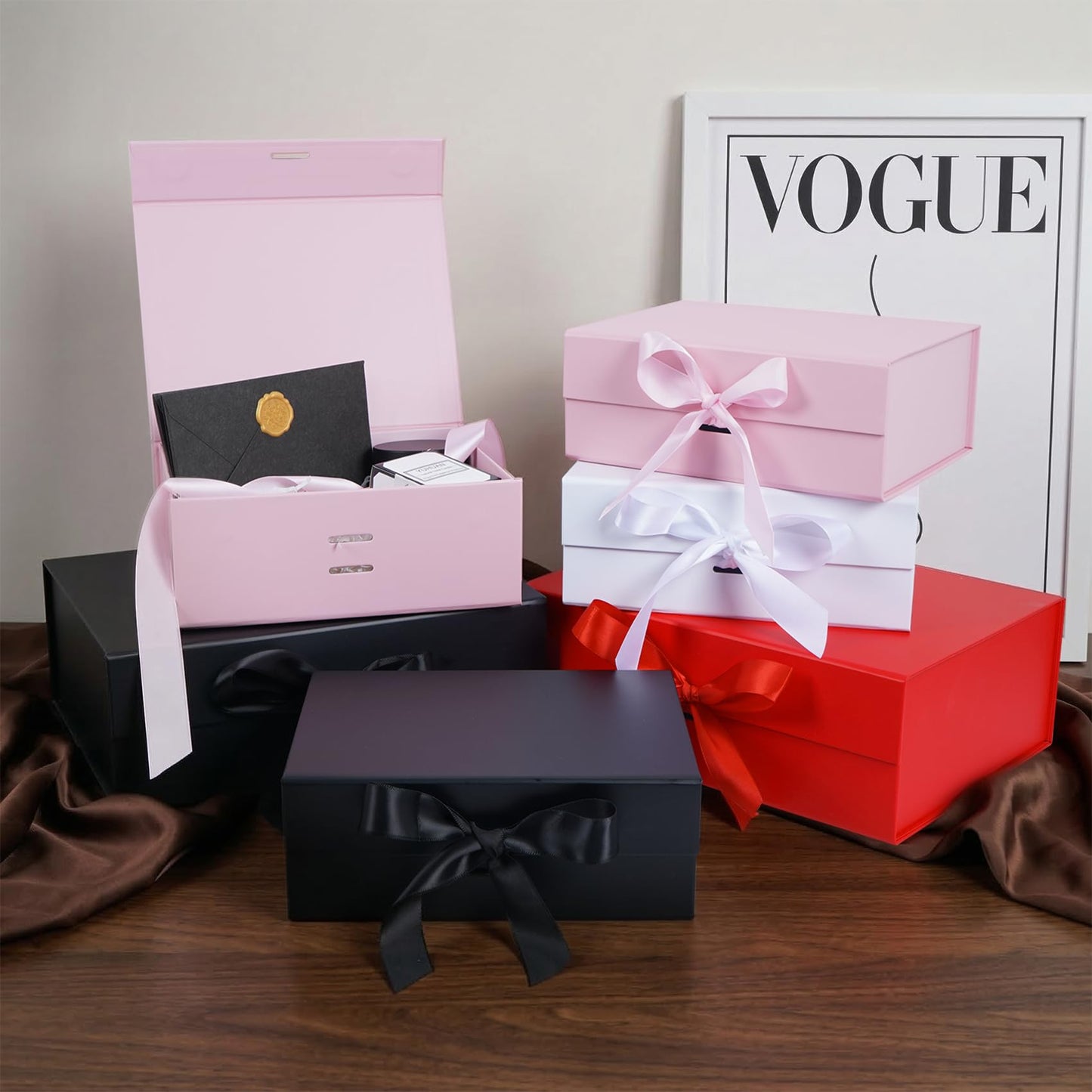 Aimyoo 5 Pack Large Pink Gift Box with Ribbon, 11.5x8.6x4.1 inch Groomsman Proposal Box for Presents with Magnetic Closure Lids, Rectangle Collapsible Luxury Box for Wedding, Christmas, Birthday