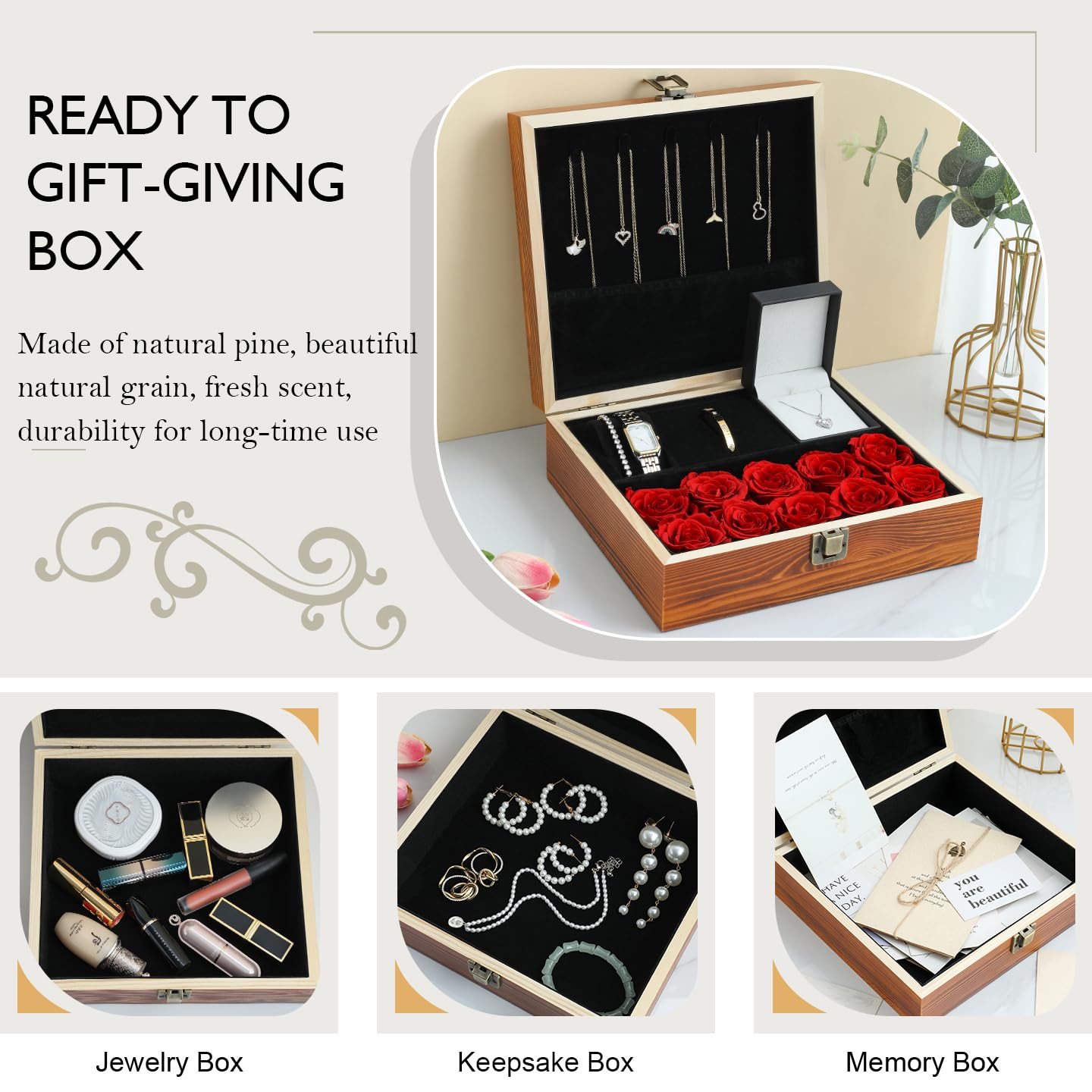 Gifts for Women Jewelry Set, 925 Silver Moissanite Necklace, Gold Watch Stainless Steel Bangle with Eternal Roses Wooden Gift Box Ideal for Mother's Day Birthday Anniversary Christmas Valentine's Day Wife Gift