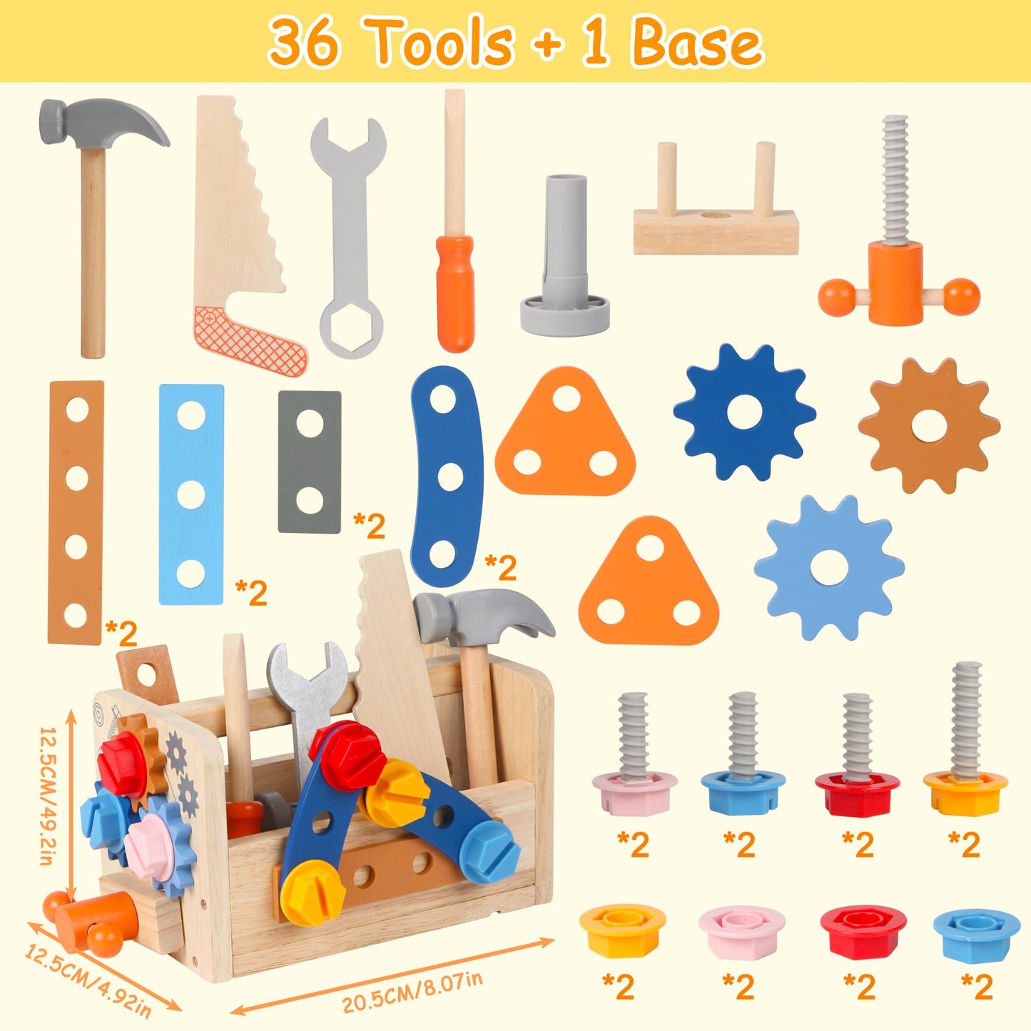 Totatatree Wooden Kids Tool Set, 38PCS Educational STEM Construction Toys for 3+ Toddler, Wooden Tool Bench Montessori Toy Tool Box for 3 4 5 YO Boys & Girls Birthday Gift (36Pcs)