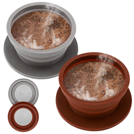 VVGCS Set of 2 Paperless Collapsible Travel Pour Over Coffee Dripper Kit - Silicone Travel Pour Over Coffee Maker Camping - Collapsible Coffee Filter with Stainless Steel Filter (Brown+Grey)